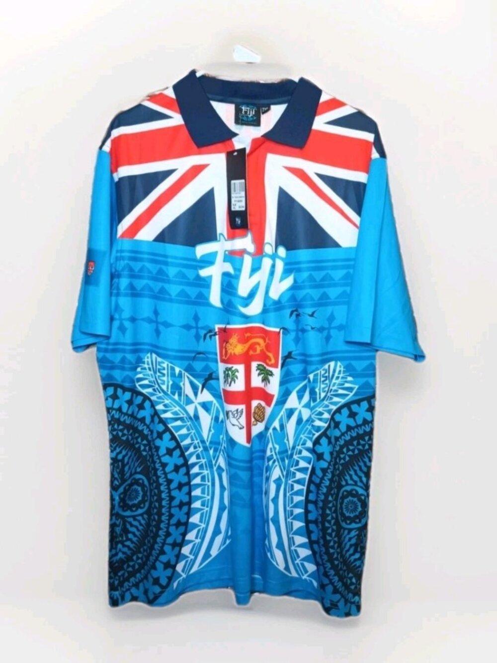 Fiji Sevens Rugby Polo Shirt Men's 2XL Blue Short Sleeve Ocean Print NWT